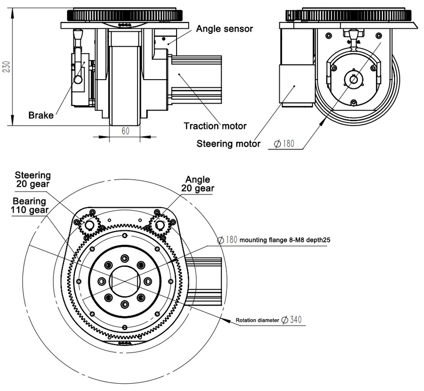 230mm AGVドライブ モーター ブレーキが付いているステアリング ドライブ車輪はパワー ステアリング モーターを符号化する